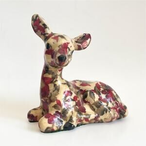 Vintage Red Floral Patchworks Decoupage Resting Deer Fawn Figurine Sculpture 7”
